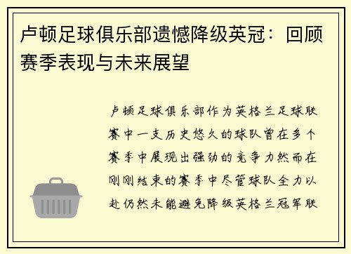 卢顿足球俱乐部遗憾降级英冠：回顾赛季表现与未来展望