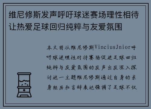 维尼修斯发声呼吁球迷赛场理性相待让热爱足球回归纯粹与友爱氛围